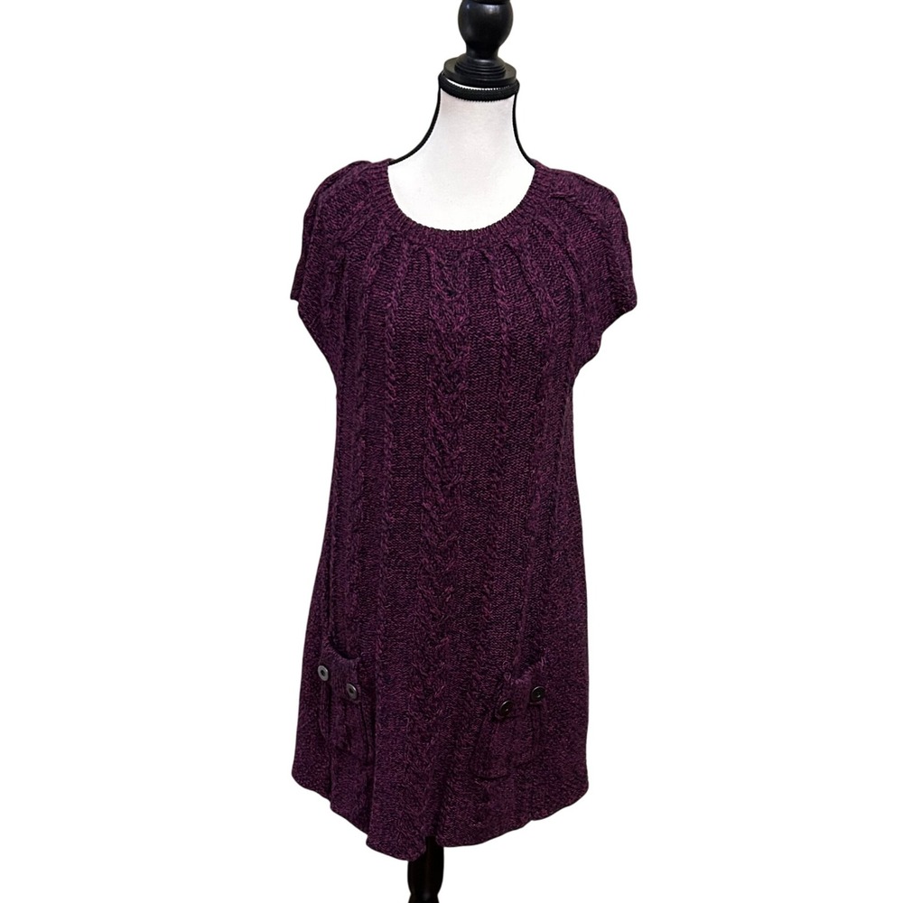 Style & Co. Womens XL Knit Sweater Dress Short Sleeve Purple Black Pullover